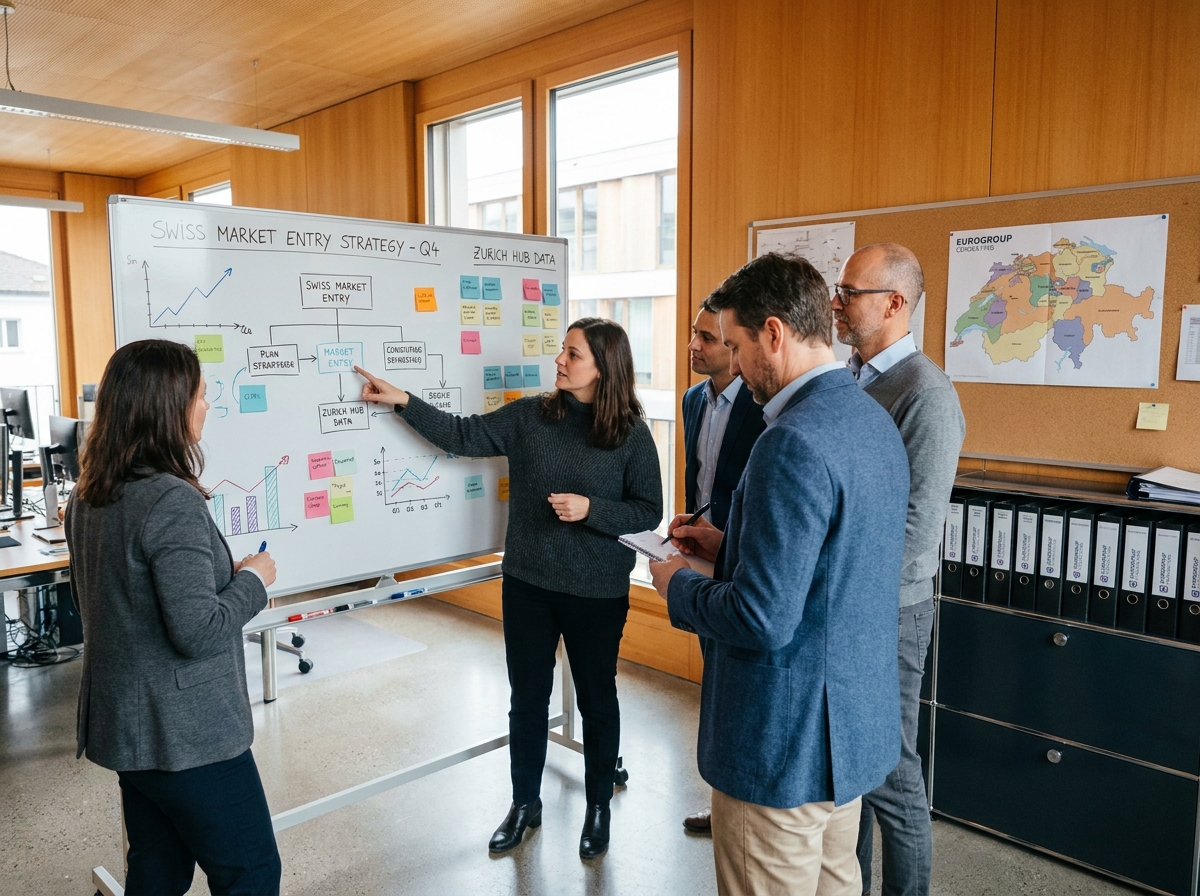 Équipe de consultants suisses collaborant autour d'un tableau blanc dans un bureau moderne avec carte des cantons