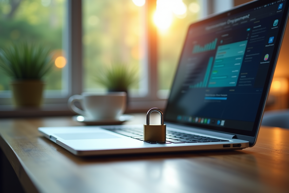 Espace de travail avec ordinateur et cadenas sur le clavier