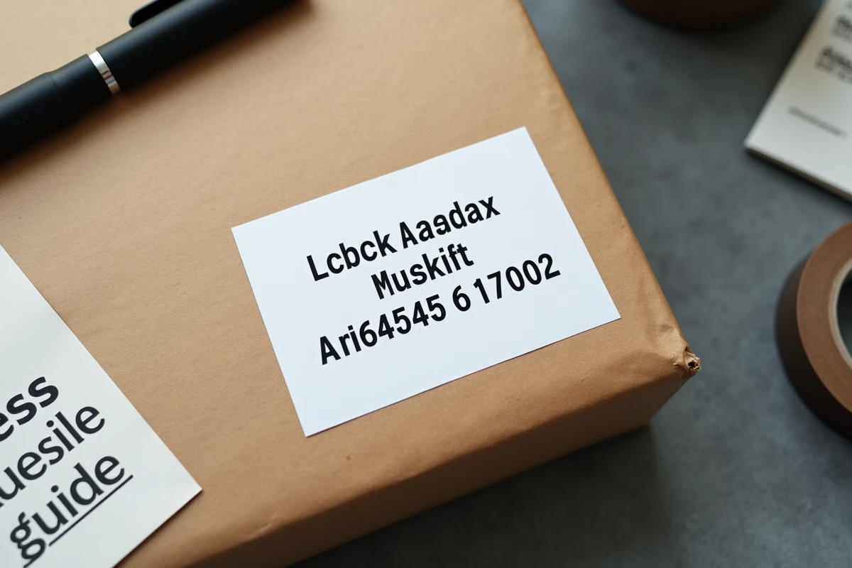 Gros plan sur une étiquette d'adresse postale formatée collée sur un colis en carton kraft
