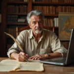 Homme étudiant une correspondance napoléonienne sur un bureau en chêne avec lettres d'époque et ordinateur portable affichant un site historique
