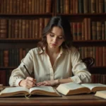Jeune femme étudiant les poèmes d'Alexander Pope dans une bibliothèque avec des livres anciens ouverts sur un bureau en bois