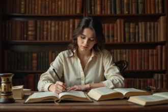 Jeune femme étudiant les poèmes d'Alexander Pope dans une bibliothèque avec des livres anciens ouverts sur un bureau en bois