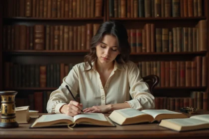 Jeune femme étudiant les poèmes d'Alexander Pope dans une bibliothèque avec des livres anciens ouverts sur un bureau en bois