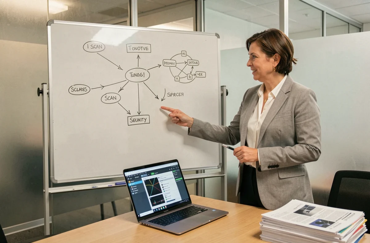 Femme experte en cybersécurité présentant un schéma de scan réseau sur un tableau blanc dans une salle de réunion, contexte comparatif Epsylon Scan et epsilon scan soft