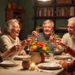 Famille multigénérationnelle qui célèbre une fête du prénom autour d'une table décorée avec un calendrier au mur