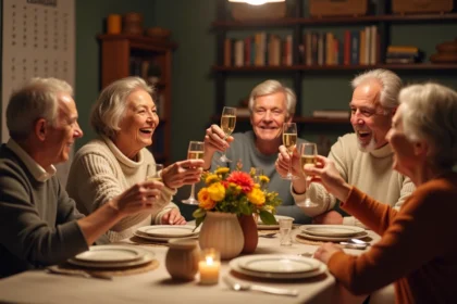 Famille multigénérationnelle qui célèbre une fête du prénom autour d'une table décorée avec un calendrier au mur