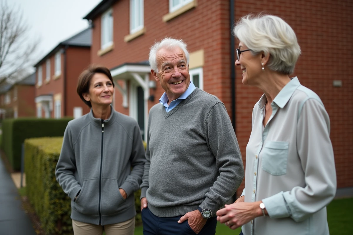 Groupe familial discutant devant une maison en brique dans la rue