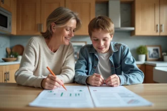 Femme et adolescent lisant des documents dans une cuisine moderne