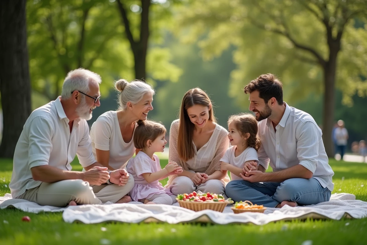 Famille multigeneration profitant d un pique-nique dans un parc