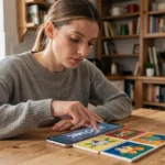Femme jouant à 4 Images 1 Mot sur smartphone, cherchant un mot de 9 lettres à partir d'indices illustrés
