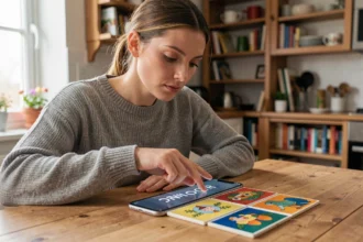 Femme jouant à 4 Images 1 Mot sur smartphone, cherchant un mot de 9 lettres à partir d'indices illustrés