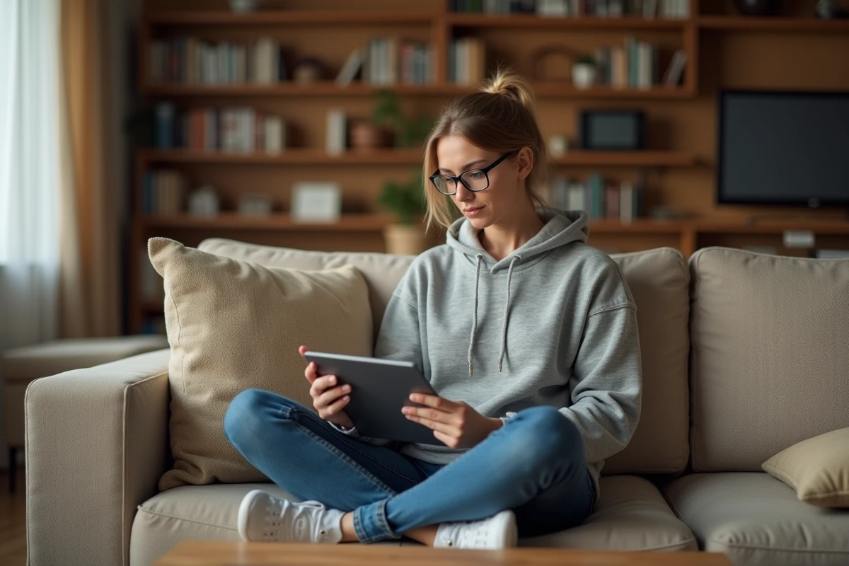 Femme adulte détendue consultant une plateforme vidéo sur tablette dans un salon cosy