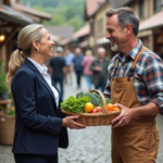 Femme d'affaires échangeant légumes avec ouvrier village