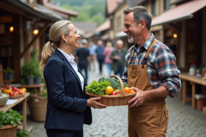 Femme d'affaires échangeant légumes avec ouvrier village