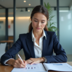 Femme d affaires en costume bleu dans un bureau moderne
