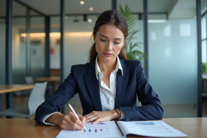 Femme d affaires en costume bleu dans un bureau moderne