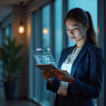 Jeune femme d'affaires en réunion avec tablette numérique