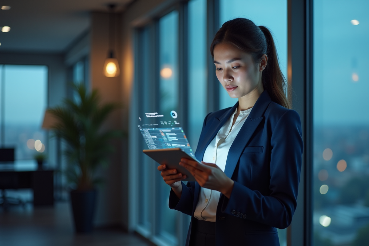 Jeune femme d'affaires en réunion avec tablette numérique