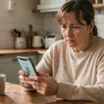 Femme regardant un appel inconnu sur son smartphone avec une expression interrogative, indicatif 262 639