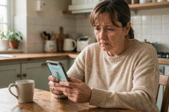 Femme regardant un appel inconnu sur son smartphone avec une expression interrogative, indicatif 262 639