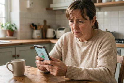 Femme regardant un appel inconnu sur son smartphone avec une expression interrogative, indicatif 262 639