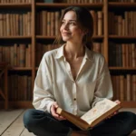 Femme introspective feuilletant un livre d'astrologie avec des cartes du zodiaque, ambiance chaleureuse et studieuse