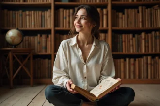 Femme introspective feuilletant un livre d'astrologie avec des cartes du zodiaque, ambiance chaleureuse et studieuse