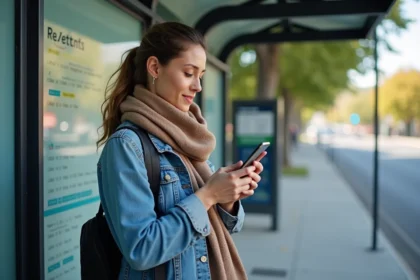 Femme regardant son smartphone à un arrêt de bus en ville