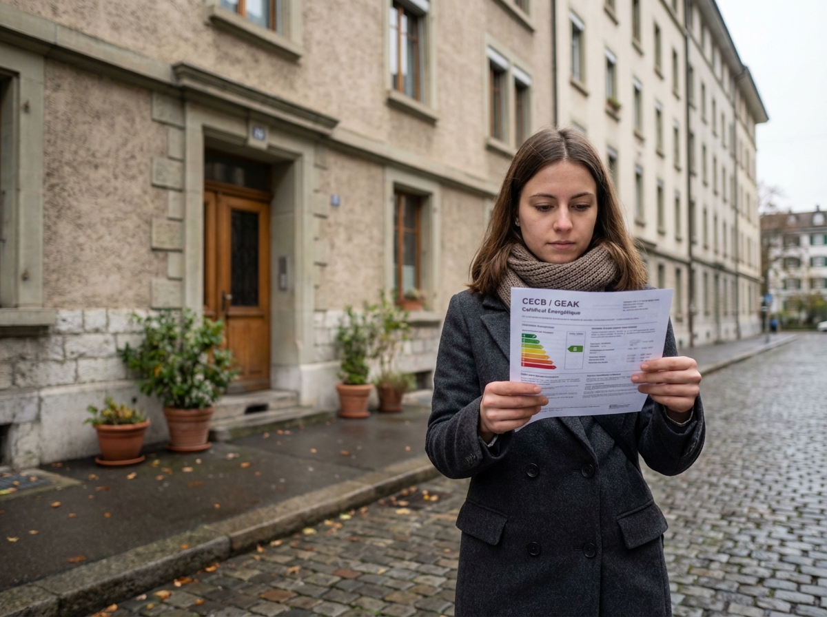 Jeune femme tenant un certificat énergétique suisse devant un immeuble