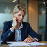 Femme française en blazer navy dans une banque moderne