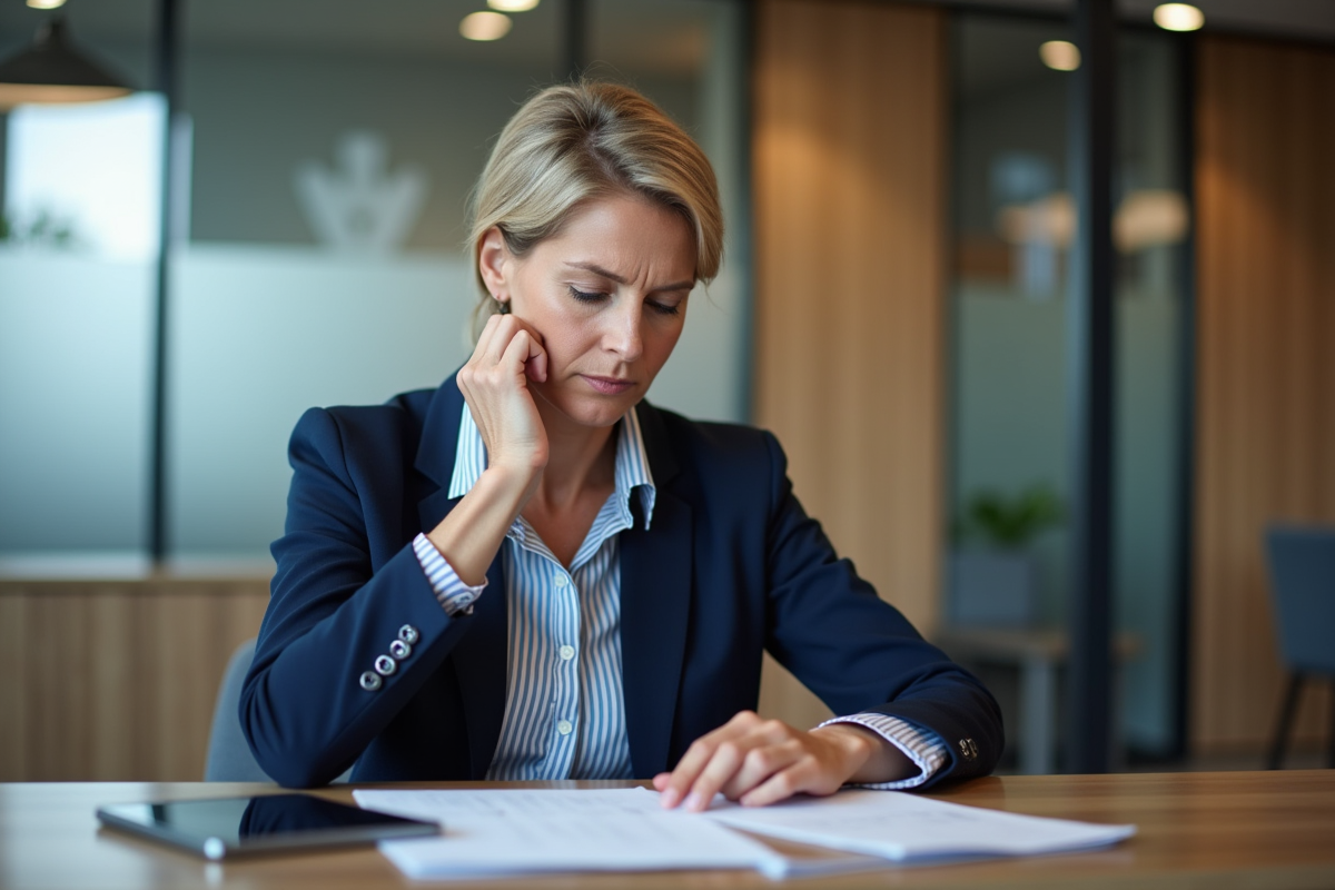 Femme française en blazer navy dans une banque moderne