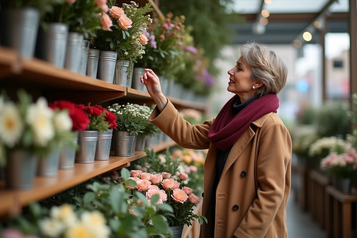 Femme choisissant un bouquet de fleurs dans une boutique pour offrir à l'occasion d'une fête du prénom