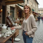 Femme d'âge moyen achetant de la porcelaine vintage en brocante