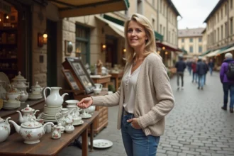 Femme d'âge moyen achetant de la porcelaine vintage en brocante