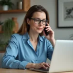 Femme au bureau avec ordinateur et smartphone