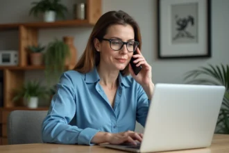Femme au bureau avec ordinateur et smartphone