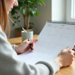 Femme écrivant sur un calendrier 2026 papier avec semaines paires et impaires à son bureau à domicile