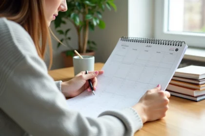 Femme écrivant sur un calendrier 2026 papier avec semaines paires et impaires à son bureau à domicile