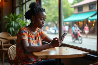 Femme noire à la mode dans un café en Guadeloupe