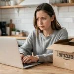 Femme confuse devant un ordinateur portable avec un colis Amazon ouvert, statut de retour inconnu