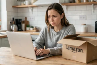 Femme confuse devant un ordinateur portable avec un colis Amazon ouvert, statut de retour inconnu