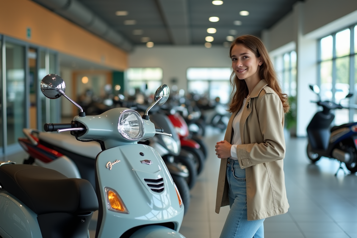 Femme dans un showroom de motos 50cc en train de comparer