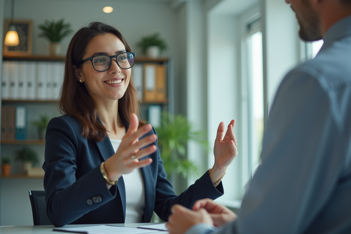 Jeune femme discutant avec un conseiller bancaire dans un bureau lumineux