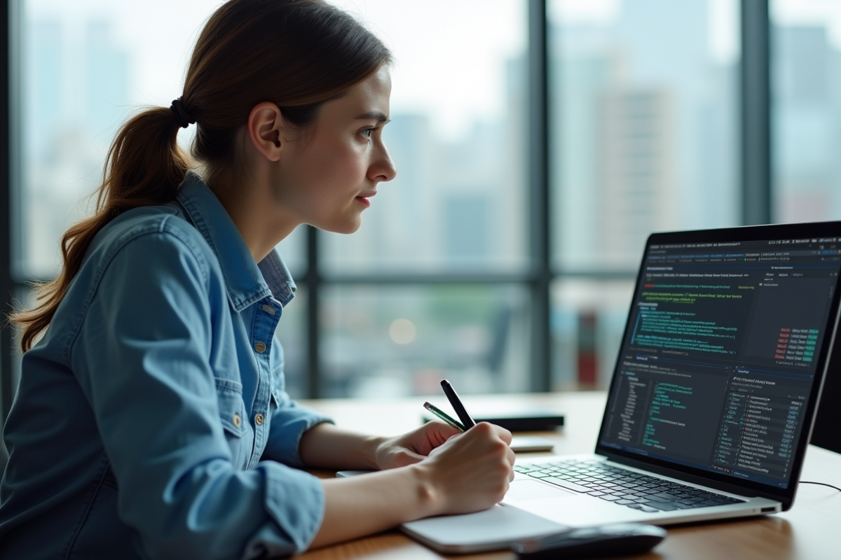 Femme developpeuse prenant des notes avec son laptop en bureau lumineux