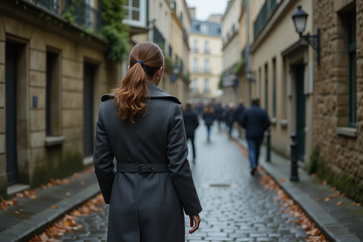 Femme élégante marchant seule dans une ruelle pavée parisienne en automne, atmosphère de mystère et d'intimité préservée