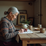 Femme âgée brodant un linge dans une cuisine chaleureuse