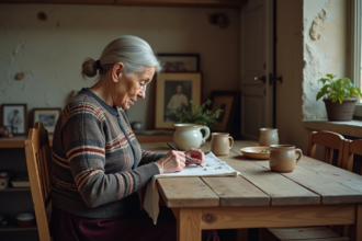 Femme âgée brodant un linge dans une cuisine chaleureuse