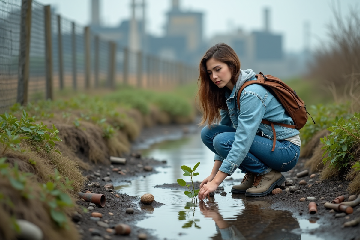Jeune femme observant un plant près d