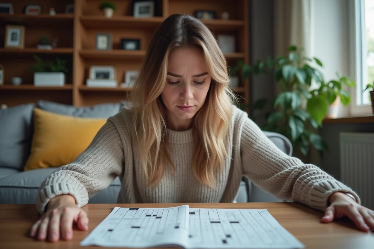Femme assise regardant un puzzle avec frustration dans le salon