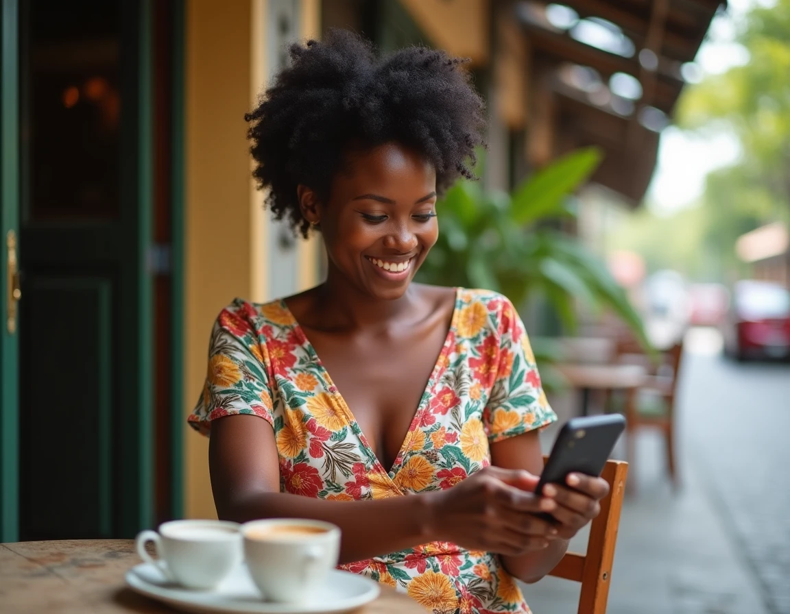 Jeune femme vérifiant l'heure sur son téléphone dans un café en plein air à Nouméa